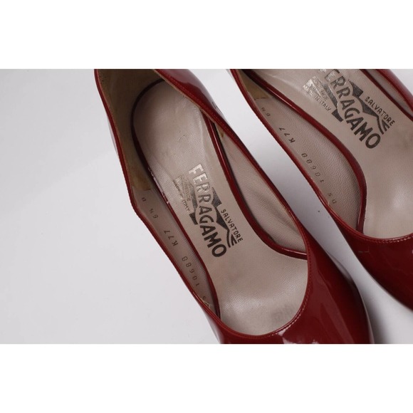 Salvatore Ferragamo Burgundy Patent Leather Peep Toe Wedge Pumps 6.5 B (fits 7) - Picture 7 of 11